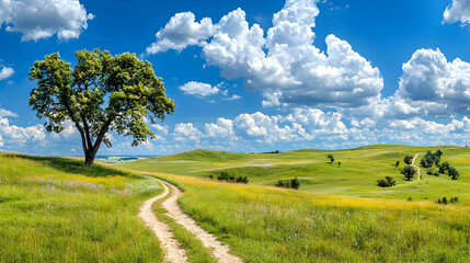 Country road, tree, summer landscape, hills, blue sky