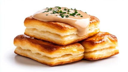 Flaky puff pastry biscuits topped with creamy sauce and herbs on a white isolated background. Generative AI