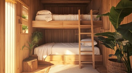 Cozy Timber Lined Cabin Loft with Bunk Beds and Peaceful Decor