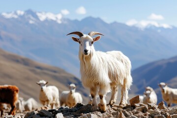 Fototapeta premium Mountain Goat Herd Grazing Freely on Rocky Terrain with Snowy Mountains in Background