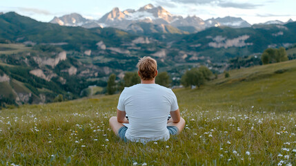 Obraz premium Man meditating, mountain view, peaceful meadow, summer