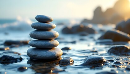 zen, stones, tall, stack, smooth, rugged, textures, wet, rocky, surface, ocean, sea, spray, waves, dynamic, background, glistening, sunlight, gentle, photorealistic, quality, serene, tranquil, harmony