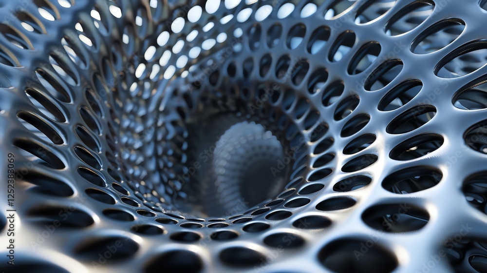 Poster a 3d render of an abstract metallic surface with a honeycomb pattern.