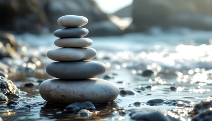 zen, stones, tall, stack, smooth, rugged, textures, wet, rocky, surface, ocean, sea, spray, waves, dynamic, background, glistening, sunlight, gentle, photorealistic, quality, serene, tranquil, harmony