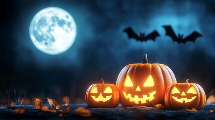 Floating Halloween podium with a full moon and bats in the background, glowing jack-o'-lanterns beneath