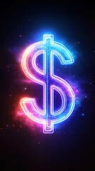 Neon dollar sign glowing in space with vibrant colors and cosmic background