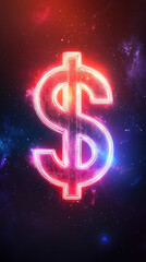 Neon dollar sign glowing in space with vibrant colors and cosmic background