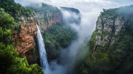 Majestic waterfall cascading down canyon cliffs, misty valley, lush greenery