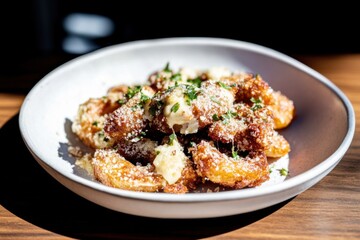 Naklejka premium Baked onion rings with Parmesan and fresh herbs in a spacious setting