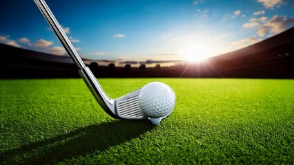 ゴルフのイメージ ゴルフボールとアイアン クラブ 青空 芝生 おしゃれ 背景素材 チラシ・バナー・動画素材 AI生成素材