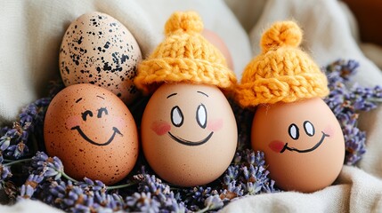 Happy Easter Eggs in Knitted Hats Nestled in Lavender