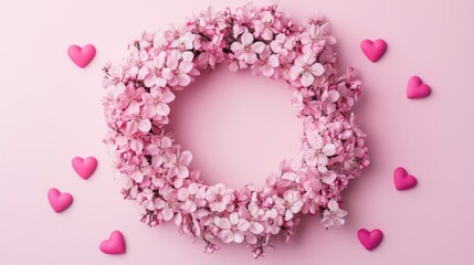 Obraz premium Delicate Pink Floral Wreath with Heart Accents on Soft Pink Background for Romantic Theme