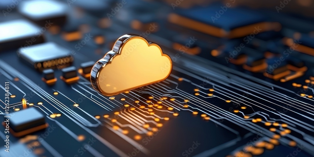Poster a glowing cloud icon floats over a dark circuit board, symbolizing cloud computing and digital techn