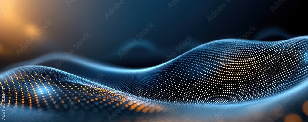 Poster a mesmerizing wave of digital particles flows across a dark background, creating an abstract, futuri