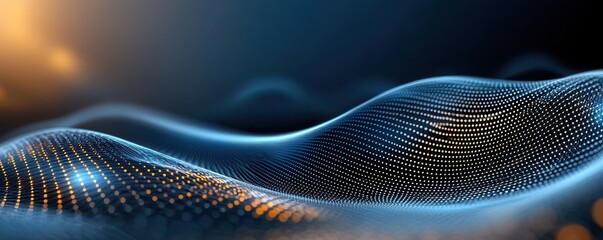 A mesmerizing wave of digital particles flows across a dark background, creating an abstract, futuristic design.