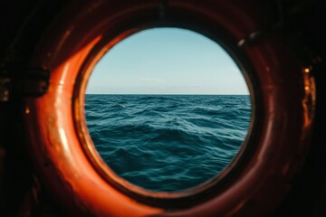 Fototapeta premium Ocean view from a porthole; tranquil seascape scenery; potential travel or cruise ad