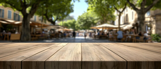 Sunny cafe street scene, wooden table