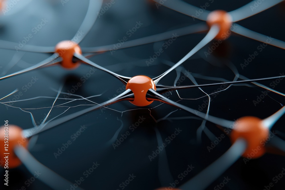 Poster a close-up view of interconnected nodes, showcasing an abstract network design with orange spheres a