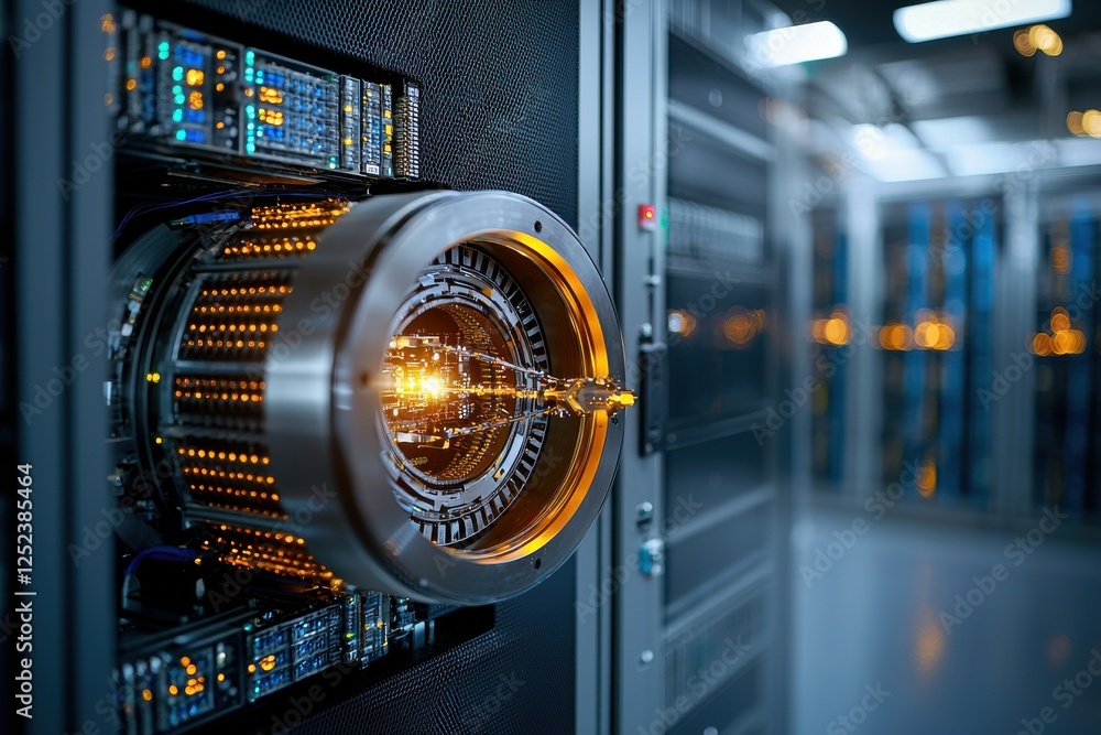 Poster a futuristic quantum computer with glowing components is showcased in a high-tech data center, highl