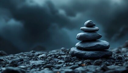 zen, stones, asymmetrical, stack, sharp, jagged, edges, weathered, surfaces, volcanic, rock, base, rugged, storm, clouds, dark, dramatic, powerful, atmosphere, hyperrealistic, detail, serene, tranquil