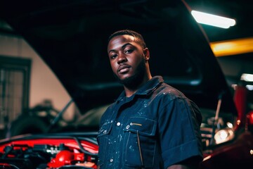 Auto Mechanic in Workshop Repairs Car Engine with Hood Open for Maintenance