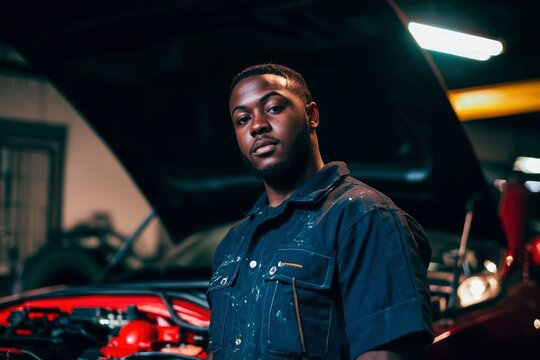 Auto Mechanic in Workshop Repairs Car Engine with Hood Open for Maintenance