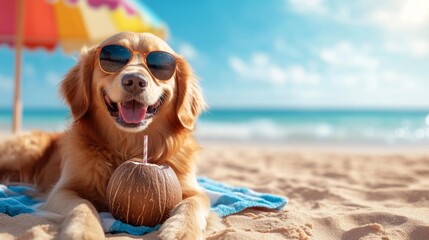 Golden Retriever Relaxing on the Beach with a Coconut. Generative AI