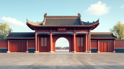 Naklejka premium Chinese gate, courtyard, entrance, vista, tranquil