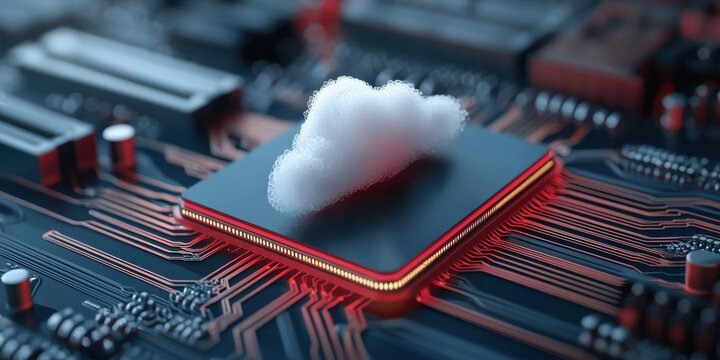 A computer chip with a cloud above it, symbolizing the intersection of technology and cloud computing.