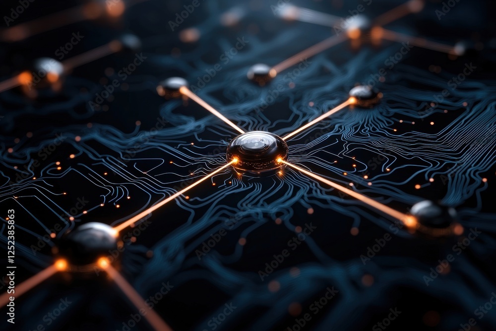 Poster a close-up view of a circuit board with interconnected nodes and glowing elements, showcasing a futu