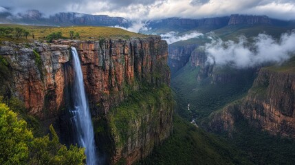 Majestic waterfall plunging into deep canyon, misty mountains background; nature travel poster