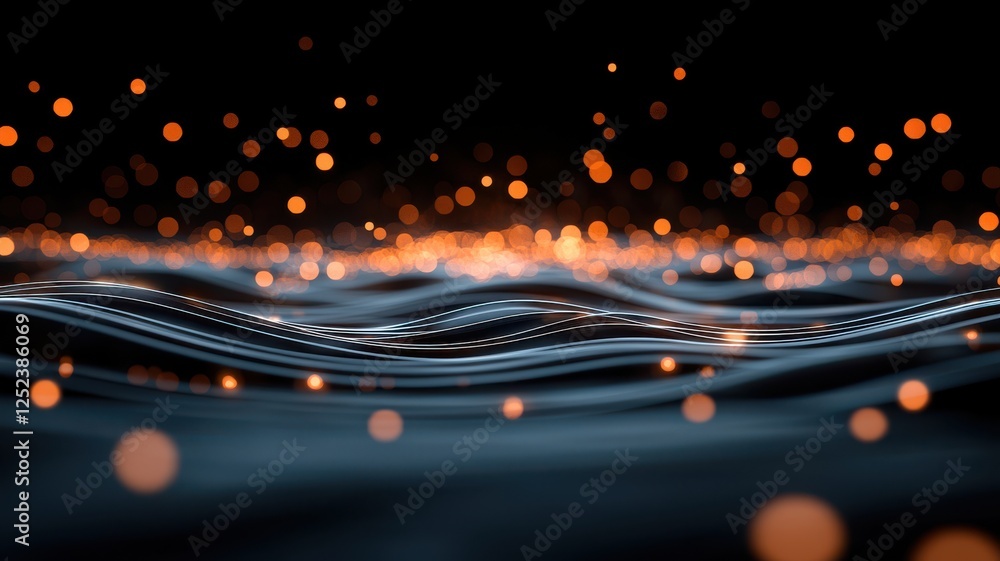 Poster a mesmerizing abstract image of waves illuminated by glowing orange particles against a dark backgro