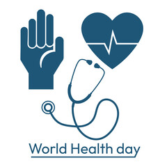 World health day with stethoscope heart and hand illustration poster design. 