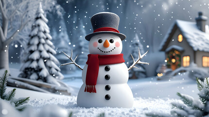 Fototapeta premium Merry Christmas & Happy New Year Greeting Card – Snowman in Snowy Winter Fairytale Landscape with Copy Space