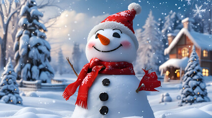 Merry Christmas & Happy New Year Greeting Card – Snowman in Snowy Winter Fairytale Landscape with Copy Space