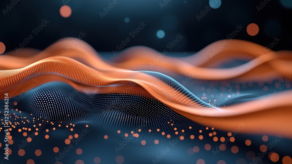 Poster a vibrant, abstract representation of flowing waves with orange and blue elements, creating a dynami