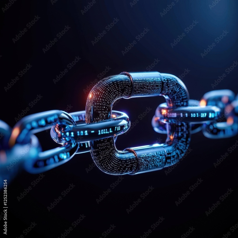 Poster interconnected chain link with code representing secured connection, in blue and orange tones.