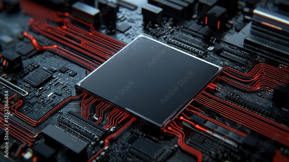 Poster a close-up view of a computer motherboard featuring a prominent black chip and intricate red circuit