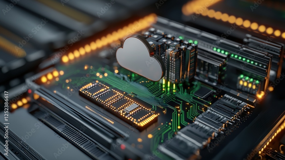 Aufkleber a close-up view of a green circuit board featuring a cloud symbol, indicative of cloud computing tec