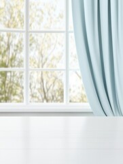 Bright window with light blue curtains and a white sill, revealing an outdoor, natural scene