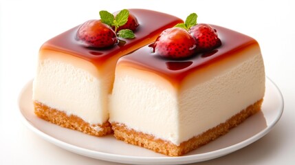 Delicious cheesecake slices with strawberries and caramel topping. Generative AI