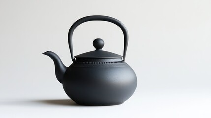Black teapot, kitchen utensil, white background, simple setting, food preparation