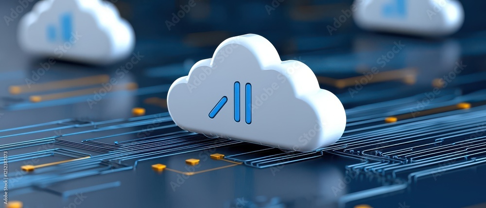 Aufkleber a digital illustration of cloud computing, featuring stylized clouds on a circuit board background, 