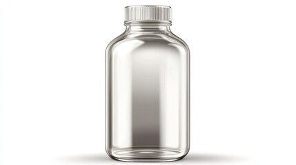 Empty glass bottle with white cap on white background; packaging mockup
