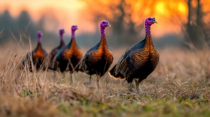Fototapeta premium Wild Turkeys Sunset Stroll Field Agriculture