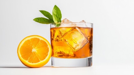 Refreshing Glass of Iced Tea with Orange Slice and Fresh Mint. Generative AI
