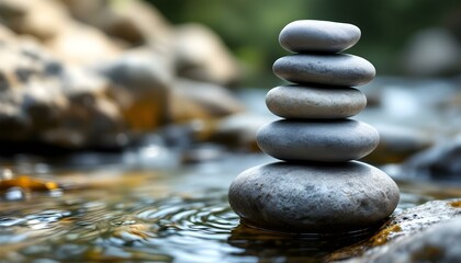 zen, stones, tall, stack, smooth, uneven, textures, rocky, edge, flowing, stream, water, ripples, reflections, sunlight, natural, gentle, base, serene, tranquil, harmony, peaceful, meditative, nature,