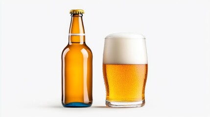 Chilled Beer Bottle and Glass with Foam on Isolated Background. Generative AI