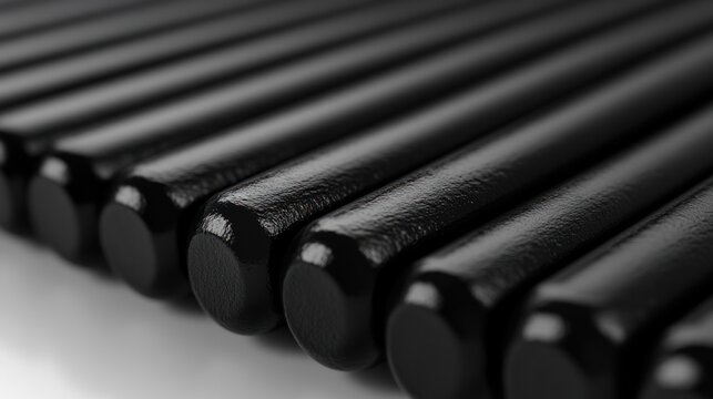 Close-up of black chopsticks arranged in a row on a white surface