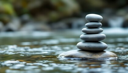 zen, stones, tall, stack, smooth, uneven, textures, rocky, edge, flowing, stream, water, ripples, reflections, sunlight, natural, gentle, base, serene, tranquil, harmony, peaceful, meditative, nature,